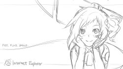Rule 34 | 1girl, aizawa inori, ascot, blush, collateral damage studios, copyright name, english text, freckles, gloves, greyscale, internet explorer, looking at viewer, monochrome, personification, simple background, single glove, sketch, smile, solo, source request, upper body, waha (artist), white background