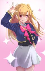 Rule 34 | 1girl, absurdres, arm up, black vest, blonde hair, blue jacket, bow, bowtie, closed mouth, collared shirt, commentary, cowboy shot, cropped jacket, gradient background, grey skirt, hair between eyes, hand on own hip, highres, hoshino ruby, jacket, long hair, long sleeves, looking at viewer, mismatched pupils, one side up, oshi no ko, pink background, pink bow, pink bowtie, pink eyes, school uniform, shirt, sidelocks, simple background, skirt, smile, solo, sparkle, star-shaped pupils, star (symbol), symbol-shaped pupils, tongue, tongue out, tonton utaro, vest, w, white background, white shirt, youtou high school uniform