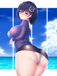 Rule 34 | 1girl, absurdres, ass, bare legs, beach, blue sky, blush, breasts, closed mouth, commentary request, curvy, day, haguro (kancolle), hair ornament, hairclip, highres, horizon, kantai collection, large breasts, momoriko, nose blush, ocean, panties, pencil skirt, shiny clothes, shiny skin, short hair, skirt, sky, solo, thick thighs, thighs, twisted torso, underwear