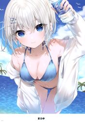Rule 34 | 1girl, absurdres, animal, artist name, bare shoulders, bikini, bird, blue bikini, blue eyes, blue nails, blue sky, blush, bottle, breasts, cleavage, closed mouth, cloud, cloudy sky, collarbone, fingernails, hair ornament, hairclip, highres, holding, jacket, leaning forward, light smile, looking at viewer, mafuyu (chibi21), medium breasts, melonbooks, nail polish, navel, ocean, off shoulder, open clothes, open jacket, page number, plastic bottle, scan, seagull, short hair, sky, solo, stomach, swimsuit, water, water bottle, water drop, wet, white hair