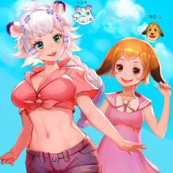 Rule 34 | 2girls, :d, absurdres, animal crossing, animal ears, antenna hair, bad anatomy, bianca (animal crossing), blue hair, blue sky, bow, braid, breasts, buttons, character name, cherokee (1021tonii), cleavage, cloud, collarbone, day, dog, dog ears, dress, dual persona, floppy ears, front-tie top, highres, japanese text, large breasts, long hair, looking at another, maddie (animal crossing), medium breasts, multicolored hair, multiple girls, navel, nintendo, open mouth, orange eyes, orange hair, outdoors, personification, pink dress, pink sailor collar, pink shirt, pocket, purple hair, purple shorts, sailor collar, sailor dress, shirt, short hair, short sleeves, shorts, sky, sleeveless, sleeveless dress, smile, teeth, tied shirt, tiger, tiger ears, translated, white bow, white hair