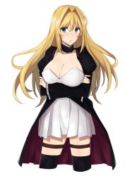 Rule 34 | 1000000000, 1girl, black thighhighs, blonde hair, blue eyes, blush, breast hold, breasts, choker, cleavage, cowboy shot, crossed arms, dress, female focus, hair intakes, large breasts, long hair, looking at viewer, sekirei, short dress, simple background, solo, thigh strap, thighhighs, tsukiumi, very long hair, white background