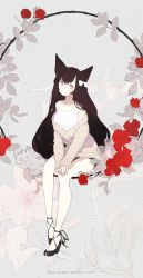 Rule 34 | 1girl, animal ears, black footwear, bow, breasts, brown eyes, brown hair, buttons, camisole, dress, eyelashes, fingernails, flower, fox ears, fox girl, hair bow, hands on own knee, high heels, highres, long hair, looking at viewer, matching hair/eyes, off-shoulder, off-shoulder sweater, off shoulder, original, shoes, sitting, smile, solo, spaghetti strap, sweater, sweater dress, teeth, watermark, web address, white bow, yueko (jiayue wu)