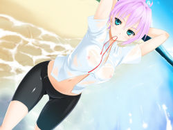 Rule 34 | 1girl, arms behind head, beach, bike shorts, blue eyes, blush, breasts, dutch angle, kantai collection, mouth hold, navel, nipples, pink hair, see-through, shiranui (kancolle), solo, water, wet