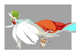 Rule 34 | apios, bare shoulders, black eyes, blank eyes, bob cut, border, cape, closed mouth, colored skin, creatures (company), dress, eevee, elbow gloves, flat chest, full body, fur-trimmed cape, fur trim, game freak, gardevoir, gen 1 pokemon, gen 3 pokemon, gloves, green hair, grey background, hair over one eye, hands up, highres, looking at another, looking down, mega gardevoir, mega pokemon, nintendo, outside border, pokemon, pokemon (creature), red cape, red eyes, short hair, simple background, standing, standing on one leg, strapless, strapless dress, two-sided cape, two-sided fabric, white border, white gloves, white skin