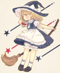 Rule 34 | 1girl, adapted costume, apron, arm up, bad id, bad twitter id, beige background, black skirt, black vest, blonde hair, bloomers, blush, bow, braid, broom, brown footwear, closed mouth, commentary, curly hair, frilled apron, frilled sleeves, frills, full body, hair bow, hat, hat bow, holding, holding broom, kirisame marisa, loafers, long hair, looking at viewer, outline, outstretched arm, profile, puffy short sleeves, puffy sleeves, red bow, sailor collar, shoes, short sleeves, side braid, simple background, single braid, skirt, skirt set, smile, socks, solo, standing, star (symbol), touhou, underwear, vest, waist apron, white apron, white bow, white socks, witch hat, yellow eyes, yujup