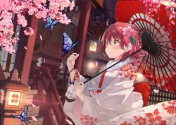 Rule 34 | 1girl, ahoge, alternate costume, bad id, bad twitter id, bug, butterfly, character name, cherry blossoms, floral print, flower, green eyes, hair between eyes, hair flower, hair ornament, hemyi, highres, hololive, insect, japanese clothes, lantern, marcellokito!, over shoulder, petals, pink hair, sakura miko, stairs, umbrella, virtual youtuber