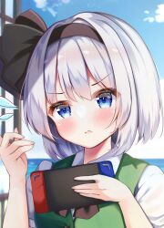 Rule 34 | 1girl, :&lt;, black hairband, blue eyes, blue sky, blush, closed mouth, cloud, commentary request, controller, flying sweatdrops, game controller, grey hair, hairband, highres, holding, holding controller, holding game controller, konpaku youmu, nintendo switch, shirotsuki shirone, short hair, sky, solo, touhou, upper body