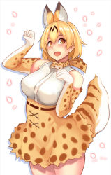 Rule 34 | 10s, 1girl, :d, animal ears, bare shoulders, blonde hair, blush, breasts, cowboy shot, cross-laced clothes, elbow gloves, gloves, hair between eyes, high-waist skirt, highres, kemono friends, large breasts, looking at viewer, open mouth, orange eyes, paw pose, print gloves, print skirt, serval (kemono friends), serval print, serval tail, shirt, short hair, skirt, sleeveless, sleeveless shirt, smile, solo, striped tail, tail, yashichii