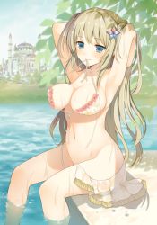 Rule 34 | 1girl, armpits, arms up, bikini, blonde hair, blue eyes, blush, breasts, building, covered erect nipples, day, hair ornament, large breasts, leaf, long hair, mouth hold, navel, original, partially submerged, sitting, soaking feet, solo, strap gap, swimsuit, water, wet, white bikini, yuuki rika