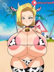 Rule 34 | absurdres, android 18, animal ears, animal print, beach, bikini, blonde hair, blue eyes, breasts, choker, cow ears, cow print, cowbell, dragon ball, dragonball z, earrings, highres, horns, huge breasts, jewelry, looking at viewer, nipples, raydonxd, smile, solo, swimsuit