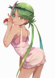 Rule 34 | 1girl, apron, ass, bare shoulders, creatures (company), dark-skinned female, dark skin, female focus, flower, from side, game freak, green eyes, green hair, hair flower, hair ornament, highres, looking at viewer, mallow (pokemon), nintendo, pink shirt, poke ball, pokemon, pokemon sm, shirt, simple background, sleeveless, solo, strap slip, swept bangs, tank top, tongue, trial captain, twintails, v, white background