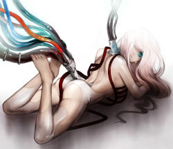 Rule 34 | 1girl, ass, barefoot, blue eyes, cable, feet, hair over one eye, legs, long hair, lying, moreshan, on stomach, original, pink hair, science fiction, solo, subdermal port, thighs, very long hair, white background, wire