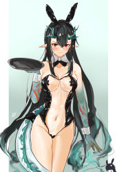 Rule 34 | 1girl, absurdres, animal ears, arknights, arm tattoo, black bow, black bowtie, black hair, black leotard, blush, bow, bowtie, breasts, collar, colored skin, cowboy shot, cross pasties, dragon horns, dragon tail, dusk (arknights), earrings, fake animal ears, flame-tipped tail, green hair, green skin, groin, hair between eyes, heart maebari, highres, holding, holding tray, horns, jewelry, leotard, lolifreak, looking at viewer, maebari, medium breasts, meme attire, multicolored hair, navel, pasties, playboy bunny, pointy ears, pussy, pussy peek, red eyes, see-through, see-through leotard, strapless, strapless leotard, streaked hair, sweatdrop, tail, tape, tape on nipples, tape on pussy, tassel, tassel earrings, tattoo, translucent bunnysuit, tray, v-shaped eyebrows, white collar, white wrist cuffs, wrist cuffs