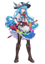 Rule 34 | 1girl, absurdres, ailu elf, aqua hat, black gloves, black hat, black pantyhose, blue hair, blue skirt, boots, brown footwear, closed mouth, cross-laced footwear, fingerless gloves, frilled skirt, frills, fruit hat ornament, full body, gloves, hair between eyes, hat, hat ornament, highres, hinanawi tenshi, knee boots, lace-up boots, long hair, pantyhose, peach hat ornament, puffy short sleeves, puffy sleeves, rainbow order, red eyes, shirt, short sleeves, simple background, skirt, solo, sword, touhou, weapon, white background, white shirt