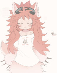 Rule 34 | !, 1girl, animal ears, body fur, claws, closed eyes, closed mouth, commentary, english commentary, english text, furry, furry female, goggles, goggles on head, highres, long hair, made in abyss, mitty (made in abyss) (furry), narehate, off-shoulder shirt, off shoulder, pink fur, print shirt, rabbit, red hair, shirt, short sleeves, smile, solo, tail, tatososu, very long hair, whiskers, white background, white shirt