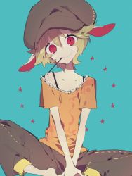 Rule 34 | 1girl, animal ears, bad id, bad twitter id, barefoot, blonde hair, blue background, rabbit ears, flat cap, floppy ears, hat, head tilt, higa423, highres, looking at viewer, mouth hold, off shoulder, orange shirt, pants, red eyes, ringo (touhou), shirt, short hair, short sleeves, simple background, sitting, smile, solo, star (symbol), touhou