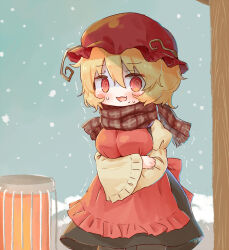 Rule 34 | 1girl, @ @, aki minoriko, apron, arinu, black skirt, blonde hair, blush, breasts, brown scarf, cold, hair between eyes, hat, heater, highres, large breasts, long sleeves, mob cap, open mouth, red apron, red eyes, red hat, scarf, shirt, short hair, skirt, solo, touhou, wide sleeves, yellow shirt