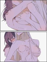 Rule 34 | 2girls, arms around neck, bang gu9, blonde hair, blush, breasts, byleth (female) (fire emblem), byleth (fire emblem), cleavage, closed eyes, completely nude, edelgard von hresvelg, fire emblem, fire emblem: three houses, groping, head out of frame, highres, holding another&#039;s wrist, kissing shoulder, large breasts, medium breasts, multiple girls, nintendo, nude, sweat, white background, yuri