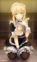 Rule 34 | 1girl, absurdres, alternate costume, artist name, artoria pendragon (all), artoria pendragon (fate), bad id, bad pixiv id, between thighs, black pantyhose, blonde hair, breasts, choker, cleavage, cream, dress, fate/stay night, fate (series), finger to mouth, frilled dress, frills, green eyes, highres, kneeling, licking, long hair, looking at viewer, magicians (zhkahogigzkh), maid, maid headdress, pantyhose, saber (fate), sexually suggestive, solo, tongue, wrist cuffs