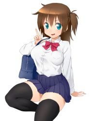 Rule 34 | 1girl, bag, black thighhighs, blouse, breasts, brown hair, dress shirt, green eyes, highres, large breasts, long hair, onsoku inu, original, school bag, school uniform, shirt, side ponytail, simple background, sitting, skirt, solo, thick thighs, thighhighs, thighs, v, white background, white shirt, zettai ryouiki