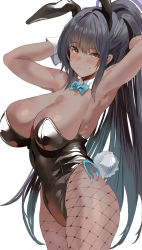 Rule 34 | 1girl, animal ears, armpits, arms behind head, black hair, black leotard, blue archive, blush, bow, bowtie, breasts, closed mouth, cowboy shot, curvy, dark-skinned female, dark skin, detached collar, fake animal ears, fake tail, fishnet pantyhose, fishnets, hair between eyes, highleg, highleg leotard, highres, huge breasts, karin (blue archive), karin (bunny) (blue archive), leotard, long hair, looking at viewer, magaeshi, official alternate costume, pantyhose, playboy bunny, rabbit ears, rabbit tail, shiny clothes, shiny skin, solo, tail, thong leotard, traditional bowtie, wide hips, wrist cuffs, yellow eyes