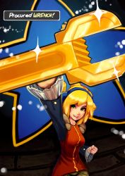 Rule 34 | 1girl, anokorok, blonde hair, breasts, clenched hand, green eyes, headphones, lips, nose, robin (the iconoclasts), smile, solo, the iconoclasts, wrench