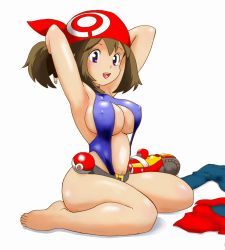 Rule 34 | 1girl, adjusting hair, bandana, barefoot, blue eyes, breasts, brown hair, cleavage, cosplay, covered erect nipples, creatures (company), game freak, highres, large breasts, looking at viewer, may (pokemon), misty (pokemon) (cosplay), navel, nintendo, open mouth, poke ball, pokemon, pokemon: the electric tale of pikachu, ponytail, revealing clothes, sideboob, simple background, sitting, slingshot swimsuit, smile, solo, swimsuit, tof, underboob, wariza, white background