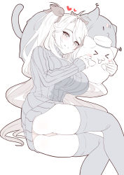 Rule 34 | &gt;3&lt;, 1girl, absurdres, alternate costume, ass, azur lane, blush, breasts, feet out of frame, hair between eyes, hair ribbon, heart, highres, knees together feet apart, large breasts, long hair, long sleeves, meowfficer (azur lane), monochrome, moyoron, no pants, panties, parted bangs, prinz eugen (azur lane), ribbed sweater, ribbon, simple background, sleeves past wrists, spot color, sweater, turtleneck, turtleneck sweater, two side up, underwear, very long hair, white background