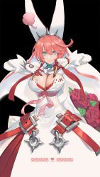 Rule 34 | 1girl, arms up, belt, black background, blue eyes, bracelet, breasts, cancer (zjcconan), cartridge, cleavage, cleavage cutout, closed mouth, clothing cutout, commentary request, dress, elphelt valentine, flower, gloves, guilty gear, guilty gear xrd, hairband, hand on own chest, heart, highres, holding, jewelry, juliet sleeves, large breasts, long sleeves, looking at viewer, open belt, pink flower, pink rose, puffy sleeves, red hair, rose, short hair, simple background, smile, solo, spiked bracelet, spiked hairband, spikes, veil, white dress, white gloves