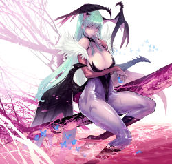 Rule 34 | 1girl, animal print, bare shoulders, bat print, bat wings, blue butterfly, breasts, bridal gauntlets, bug, butterfly, cleavage, clothing cutout, demon girl, finger to mouth, full body, green hair, head wings, heart cutout, high heels, highres, holding, index finger raised, insect, large breasts, leotard, lips, long hair, looking at viewer, low wings, maeshima shigeki, morrigan aensland, pantyhose, print pantyhose, purple pantyhose, purple wings, solo, vampire (game), very long hair, wings