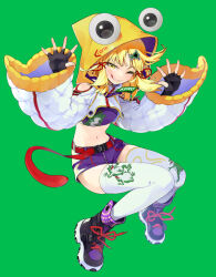 Rule 34 | 1girl, ;), ;q, adapted costume, animal print, black footwear, black gloves, blonde hair, commentary request, crop top, fingerless gloves, frog print, full body, gloves, green background, hands up, hood, hooded jacket, jacket, looking at viewer, midriff, moriya suwako, navel, one eye closed, purple shirt, purple shorts, pyonta, shirt, shoes, short hair, short shorts, shorts, simple background, smile, solo, stomach, syuri22, thighhighs, thighs, tongue, tongue out, touhou, white jacket, white thighhighs, yellow eyes