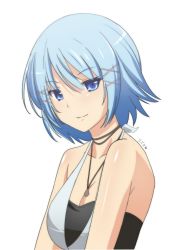 Rule 34 | 1girl, alternate hair length, alternate hairstyle, blue eyes, blue hair, breasts, cleavage, closed mouth, collarbone, hair between eyes, hair ornament, himuro rikka, jewelry, lizta, looking at viewer, medium breasts, necklace, shiny skin, short hair, simple background, sleeveless, smile, solo, tropical kiss, upper body, white background
