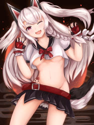 Rule 34 | 1girl, ;d, animal ears, azur lane, belt, belt buckle, black sailor collar, black skirt, blush, braid, breasts, buckle, claw pose, contrapposto, cowboy shot, crop top, crop top overhang, fake animal ears, fang, fingerless gloves, gloves, groin, hair ornament, highres, leaning to the side, legs apart, long hair, miniskirt, multicolored nails, nail polish, neck ribbon, one eye closed, open mouth, pleated skirt, puffy short sleeves, puffy sleeves, purple eyes, red gloves, red ribbon, ribbon, ryara, sailor collar, shirt, short sleeves, side braid, side slit, silver hair, skirt, small breasts, smile, smoke, solo, standing, sun, tail, tattoo, thick eyebrows, thighs, two side up, underboob, v-shaped eyebrows, very long hair, w arms, white shirt, wolf ears, wolf tail, yuudachi (azur lane)