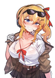 Rule 34 | 1girl, aningay, blonde hair, blue eyes, blush, breasts, collarbone, girls&#039; frontline, grin, highres, kalina (girls&#039; frontline), large breasts, see-through, side ponytail, sidelocks, skirt, smile, solo, unbuttoned, unbuttoned shirt