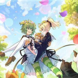 2girls andou_tazusa assault_lily black_bow black_bowtie black_ribbon blonde_hair bouquet bow bowtie carrying cat falling_petals flower frilled_skirt frills green_eyes green_hair head_wreath highres holding holding_flower multiple_girls petals princess_carry pussowl_music red_eyes ribbon school_uniform shoes short_hair skirt smile thighhighs white_thighhighs yoshimura_thi_mai yuri yurigaoka_girls_academy_school_uniform