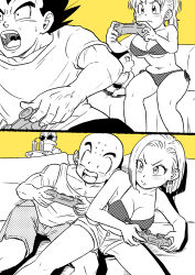 Rule 34 | 2girls, 4boys, absurdres, android 18, baby, bald, beard, bikini, bikini top only, blush, breasts, bulma, cleavage, clothes lift, controller, couch, dragon ball, dragonball z, facial hair, family, father and son, game controller, highres, husband and wife, kuririn, large breasts, leaning to the side, medium breasts, monochrome, mother and son, multiple boys, multiple girls, muten roushi, open mouth, parent and child, pink mousse, shirt lift, short shorts, shorts, spiked hair, sunglasses, sweatdrop, swimsuit, trunks (dragon ball), vegeta