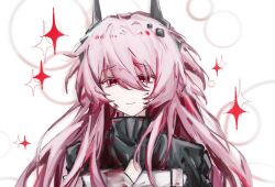 Rule 34 | 1girl, arknights, blood, blood on clothes, blood on face, closed mouth, commentary, hair between eyes, highres, horns, jiekuijiangshadaonijiamenkou, long hair, no nose, pink eyes, pink hair, portrait, smile, solo, sparkle, symbol-only commentary, theresa (arknights)