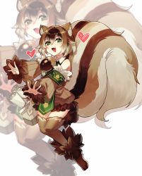 Rule 34 | 1girl, absurdres, animal ears, blush, brown hair, brown thighhighs, full body, green eyes, heart, heart-shaped pupils, highres, looking at viewer, monster girl, monster girl encyclopedia, multicolored hair, open mouth, over-kneehighs, ratatoskr (monster girl encyclopedia), rnskkn, short hair, smile, solo, squirrel ears, squirrel girl, squirrel tail, symbol-shaped pupils, tail, thighhighs, two-tone hair, white hair