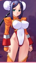 Rule 34 | 1girl, android, aq interactive, arcana heart, armor, atlus, blue hair, blush, breasts, bun cover, cable, clenched hand, clenched hands, covered erect nipples, crop top, double bun, examu, fang, green eyes, hair bun, hair ornament, hairclip, highleg, highleg leotard, impossible clothes, in-game, jacket, large breasts, leotard, long hair, lowres, mei-fang, mizuki gyokuran, navel, official art, orange thighhighs, short hair, shrug (clothing), skin tight, smile, solo, standing, thighhighs, thighs, twintails