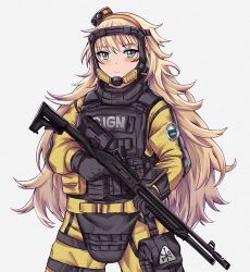 Rule 34 | 1girl, blonde hair, blue eyes, body armor, bulletproof vest, cosplay, fabarm sat-8, gas mask, gign, girls&#039; frontline, gloves, gun, long hair, mask, persocon93, rainbow six siege, s.a.t.8 (girls&#039; frontline), semi-automatic firearm, semi-automatic shotgun, shotgun, solo, tactical clothes, weapon
