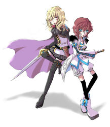 Rule 34 | 2girls, asbel lhant, blonde hair, blue eyes, blush, boots, breasts, brown hair, cape, cleavage, coat, fighting stance, gender request, genderswap, hair between eyes, hair over one eye, heterochromia, long hair, mikans, miniskirt, multiple girls, parted lips, ready to draw, red eyes, richard (tales), short hair, shorts, skirt, sword, tales of (series), tales of graces, thigh boots, thighhighs, weapon, yellow eyes