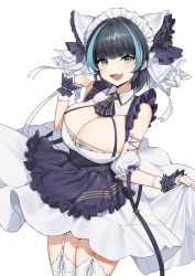 1girl :d absurdres aqua_hair azur_lane black_hair blue_eyes blue_nails blunt_bangs breasts cheshire_(azur_lane) cleavage commentary fang garter_straps highres large_breasts looking_at_viewer mashilemo multicolored_hair nail_polish open_mouth short_hair simple_background skin_fang smile streaked_hair symbol-only_commentary thighhighs white_background white_thighhighs wrist_cuffs