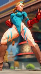 Rule 34 | 1girl, 3d, absurdres, antenna hair, bare shoulders, blonde hair, blue eyes, blue leotard, braid, breasts, cammy white, clenched hand, covered navel, curvy, fighting stance, gloves, hat, highleg, highleg leotard, highres, leotard, lips, long hair, looking to the side, medium breasts, red gloves, red hat, ryona, screencap, shiny clothes, sky, solo, street fighter, street fighter v, thighs, third-party edit, thong leotard, twin braids, very long hair, wide hips