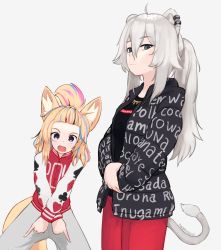 Rule 34 | 2girls, ahoge, animal ears, bangs pinned back, black jacket, black shirt, blonde hair, closed mouth, commentary, drip (meme), earrings, english commentary, fox ears, fox tail, grey eyes, grey hair, grey pants, highres, hololive, jacket, jewelry, letterman jacket, lion ears, lion tail, long hair, long sleeves, looking at viewer, meme, multicolored hair, multiple girls, necklace, omaru polka, open mouth, pants, parody, purple eyes, red jacket, red pants, shirt, shishiro botan, signature, simple background, streaked hair, supreme (brand), tail, twintails, v arms, virtual youtuber, white background, yoako