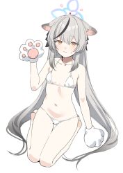 1girl absurdres animal_ears animal_hands bikini black_hair blue_archive blue_halo collarbone daredattakke flat_chest gloves grey_hair halo hand_up highres kokona_(blue_archive) looking_at_viewer micro_bikini multicolored_hair navel paw_gloves simple_background sitting solo streaked_hair swimsuit wariza white_background white_bikini white_gloves