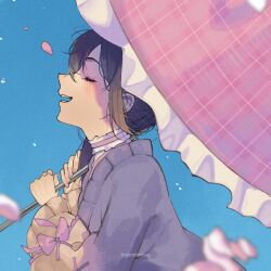 Rule 34 | 1girl, alternate costume, alternate hair length, alternate hairstyle, artist name, blue sky, blurry, blurry foreground, blush, brown hair, cherry blossoms, choker, closed eyes, commentary, day, english commentary, facing up, falling petals, frilled choker, frills, from side, hair over shoulder, hands up, highres, holding, holding umbrella, long hair, long sleeves, nail polish, nijisanji, nijisanji en, open mouth, outdoors, parasol, petals, petra gurin, pink nails, profile, sidelocks, sky, smile, solo, spring (season), tinymelonbug, umbrella, upper body, virtual youtuber, watermark