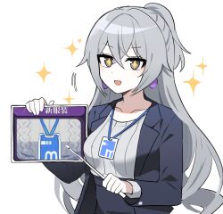 Rule 34 | + +, 1girl, breasts, bronya zaychik, bronya zaychik (silverwing: n-ex), chinese text, collarbone, crossed bangs, earrings, grey eyes, grey hair, high ponytail, highres, honkai (series), honkai impact 3rd, jewelry, korean commentary, lix (iroiro3843), long hair, long sleeves, medium breasts, office lady, open mouth, shirt, simple background, solo, star (symbol), upper body, v-shaped eyebrows, white background, white shirt