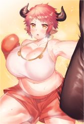 Rule 34 | 10s, 1girl, animal ears, bare shoulders, belly, bouncing breasts, boxing gloves, boxing shorts, breasts, cleavage, cow ears, cow girl, cow horns, cowboy shot, curvy, earrings, eno yukimi, female focus, granblue fantasy, heavy breathing, horns, huge breasts, jewelry, looking at viewer, midriff, navel, parted lips, pink hair, plump, pointy ears, punching bag, shiny clothes, shiny skin, short hair, shorts, solo, steam, sturm (granblue fantasy), sweat, thick thighs, thighs, training, wide hips