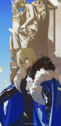 Rule 34 | 1boy, armor, blonde hair, blue cape, blue eyes, cape, dimitri alexandre blaiddyd, expressionless, eyepatch, fire emblem, fire emblem: three houses, fur trim, highres, k00s, looking at viewer, male focus, nintendo, one eye covered, solo, statue